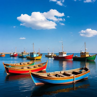 Colorful Fishing Boats on Calm Water