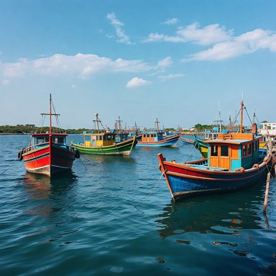 Colorful Fishing Boats Docked on Water