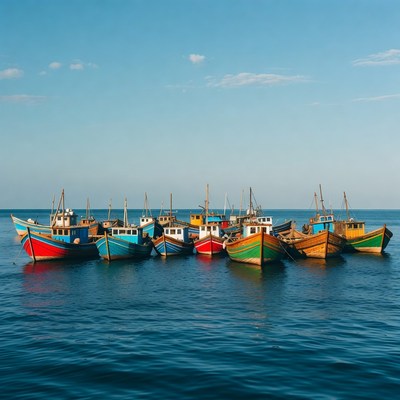 Colorful fishing boats on calm water
