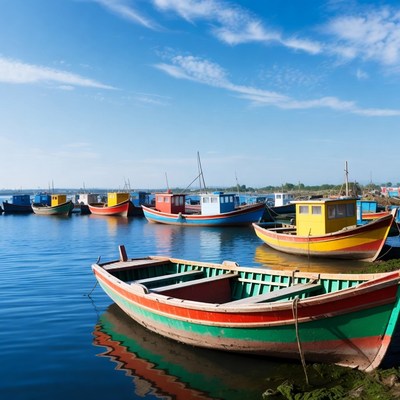 Colorful Fishing Boats on Lakeside Dock