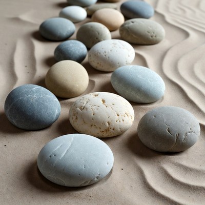 Colorful pebbles arranged on sand