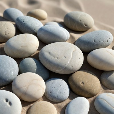 Smooth pebbles on sandy beach