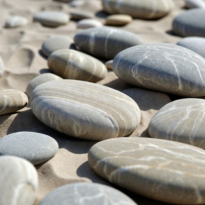 Smooth pebbles on sandy beach