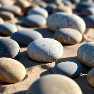 Smooth pebbles on sandy beach