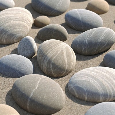 Smooth pebbles on sandy beach