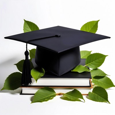 Graduation Cap on Books with Leaves