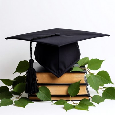 Black graduation cap on stacked books
