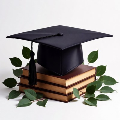Graduation Cap on Books with Leaves