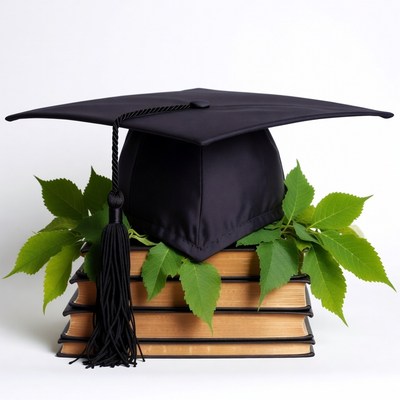 Graduation Cap on Books with Leaves