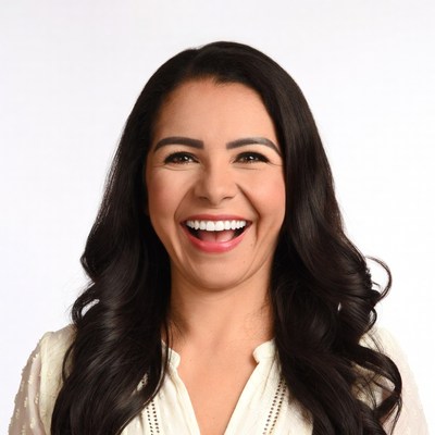 Latina woman smiling happily