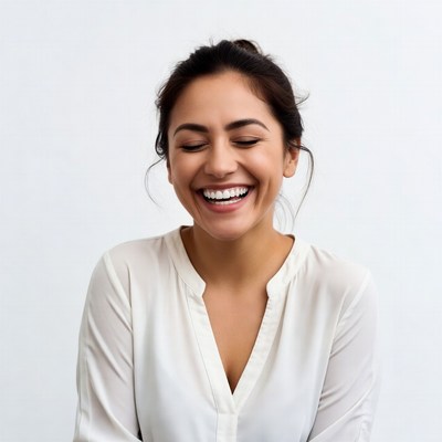 Smiling Latina woman in white blouse