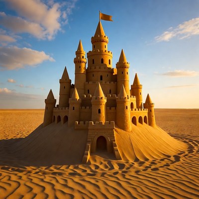 Sandcastle on Beach at Sunset