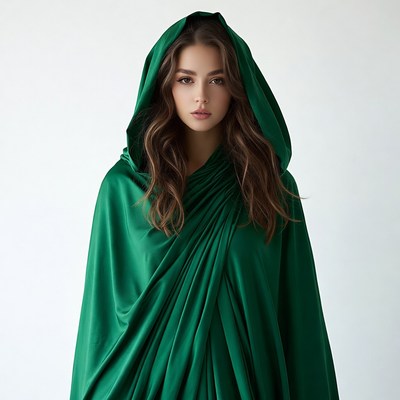 Woman in green hooded cape