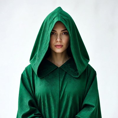 Woman in green hooded cloak