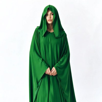 Woman in green hooded cloak