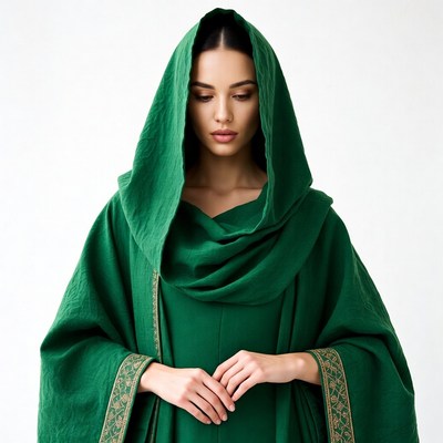 Woman in green hooded cloak