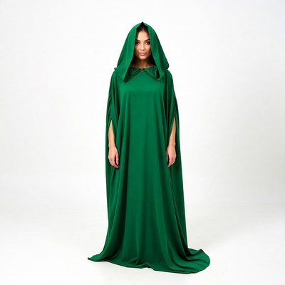 Woman in green hooded cloak