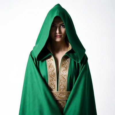 Woman in green hooded robe