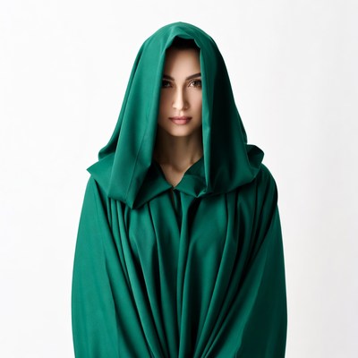 Woman in green hooded cloak