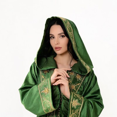Woman in green embroidered hooded robe
