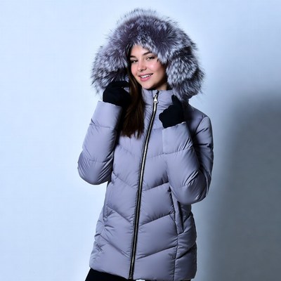 Woman in gray fur hood jacket