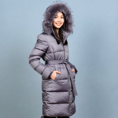 Asian woman in gray fur hood coat