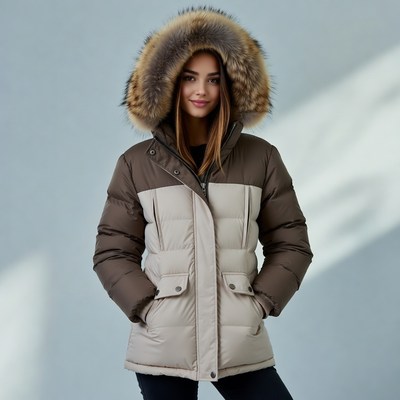 Woman in fur hood parka jacket