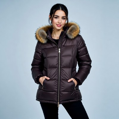 Woman in fur hooded puffer jacket