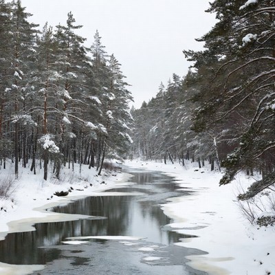 Snowy Pine Forest with Winding River