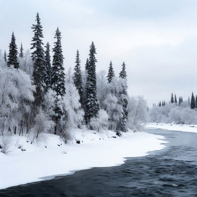 Snowy Pine Trees Along River