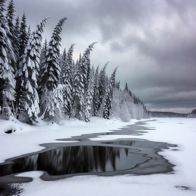 Snowy Pine Forest with Frozen Stream