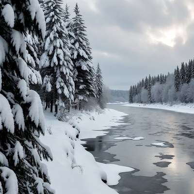 Snowy Trees Along Frozen River