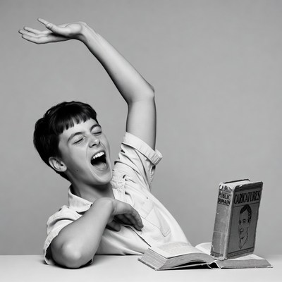 Boy laughing while reading book