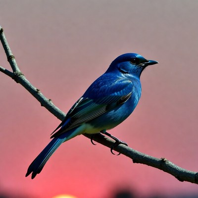 Blue bird perched on branch at sunset