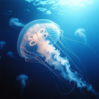 Jellyfish swimming in deep blue ocean