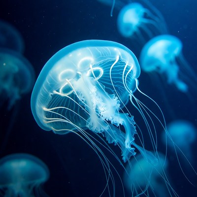 Glowing Blue Jellyfish in Dark Ocean