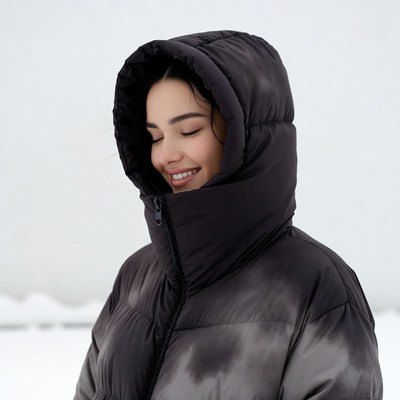 Smiling woman in black hooded jacket snow
