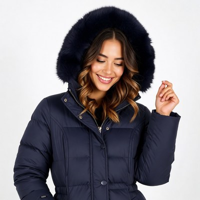 Woman in fur hood puffer jacket