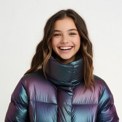 Teen girl smiling in iridescent puffer jacket