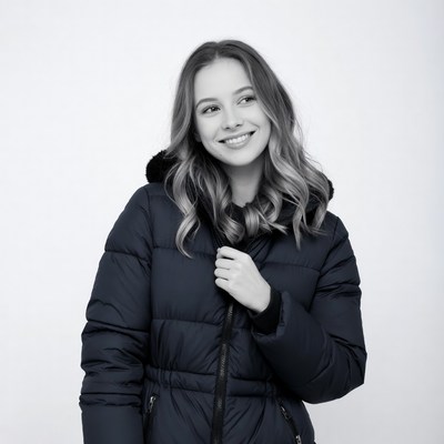 Smiling woman in puffer jacket