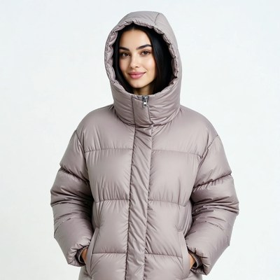 Woman in gray puffer jacket with hood