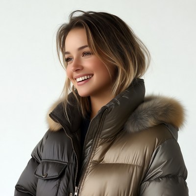 Smiling woman in fur hooded jacket