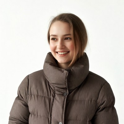 Smiling woman in brown puffer jacket