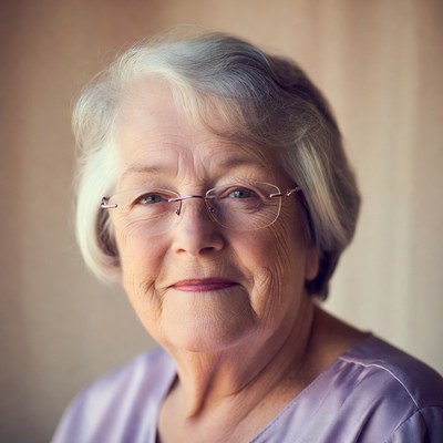 Elderly woman with glasses smiling
