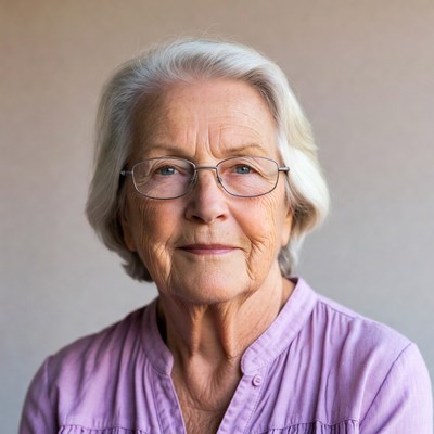Elderly woman with glasses smiling