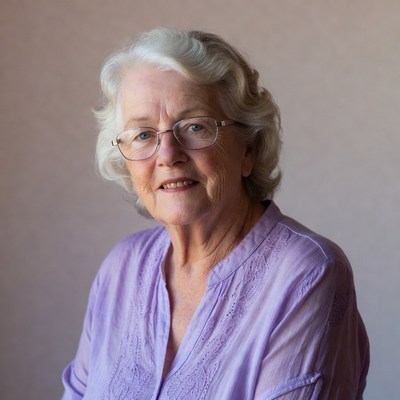 Elderly woman smiling in purple blouse