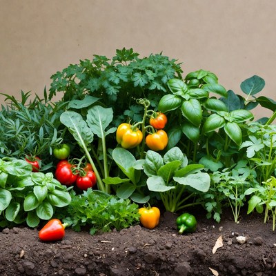 Fresh Herb Garden with Tomatoes and Peppers