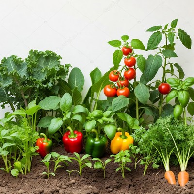 Fresh vegetables and herbs on soil