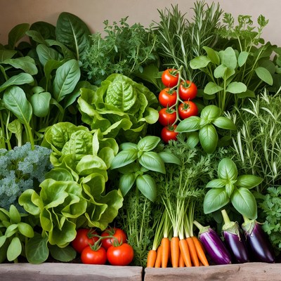 Fresh Herbs and Vegetables in Wooden Crate