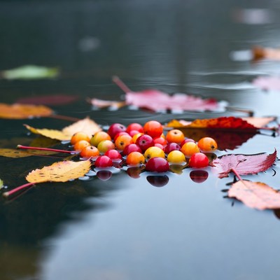 Red berries on autumn leaves in water